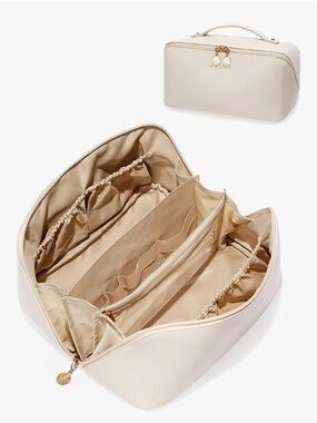 NWT Eachy Make-up/Toiletry Bag, Ivory w/Gold Accents, 10" Expandable Opening